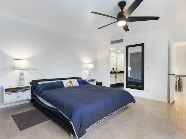 bedroom featuring visible vents, ceiling fan, baseboards, and tile patterned floors