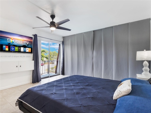 tiled bedroom featuring access to exterior and ceiling fan