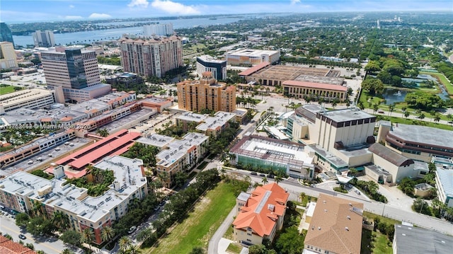 bird's eye view with a water view and a view of city