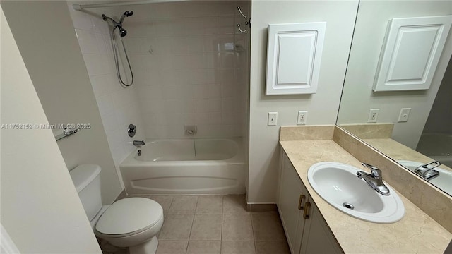 bathroom with toilet, tile patterned floors, shower / bathing tub combination, and vanity