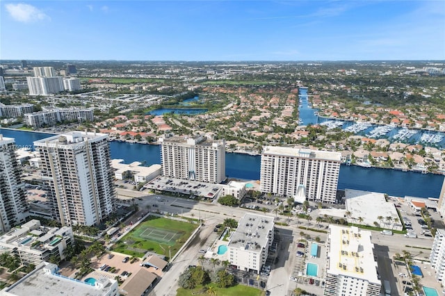 aerial view featuring a view of city and a water view