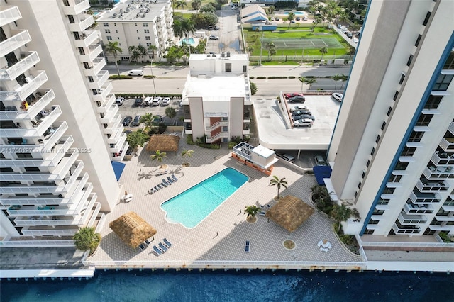 birds eye view of property featuring a view of city