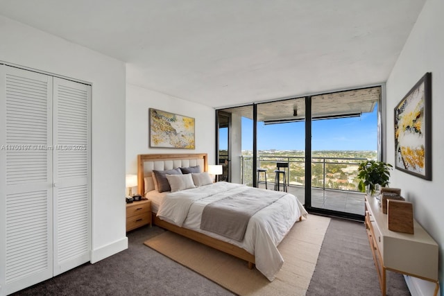 carpeted bedroom with access to outside, floor to ceiling windows, and a closet