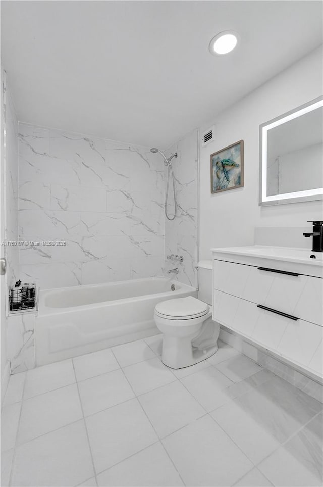 bathroom with visible vents, toilet, shower / bathtub combination, vanity, and recessed lighting