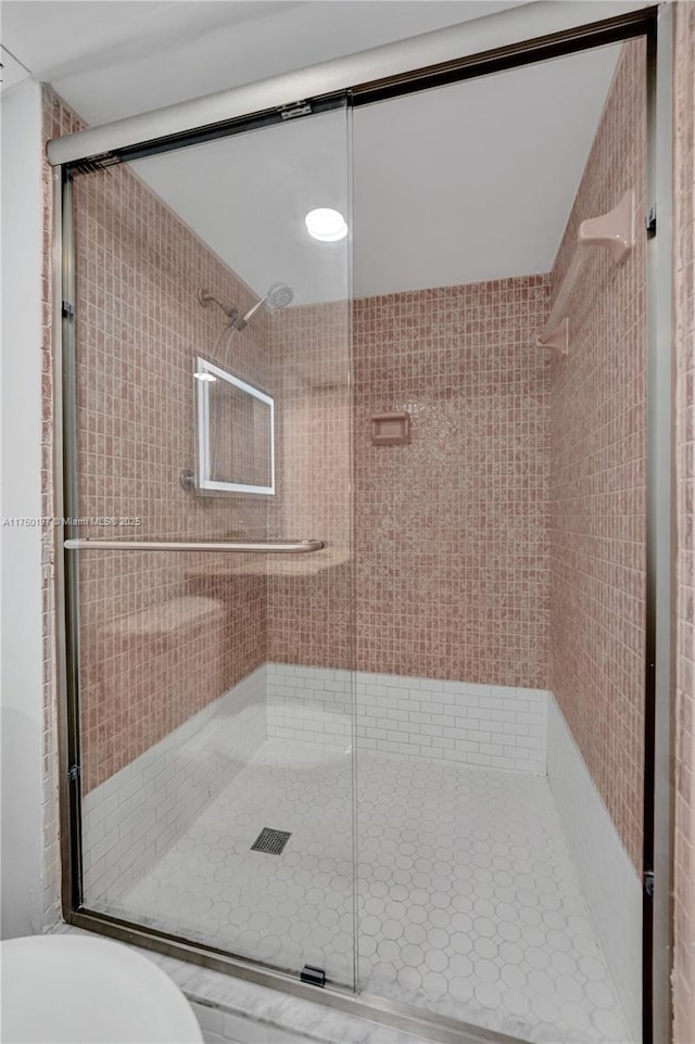 full bathroom featuring a shower stall and toilet