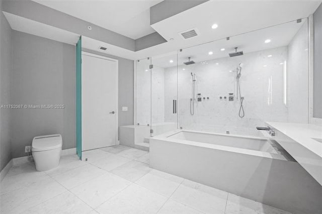 full bathroom with recessed lighting, visible vents, toilet, a shower stall, and a bath