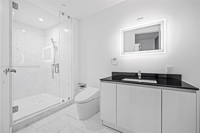 full bathroom with toilet, marble finish floor, a marble finish shower, and vanity