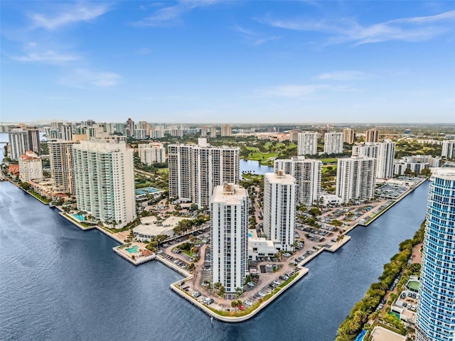 bird's eye view featuring a water view and a city view