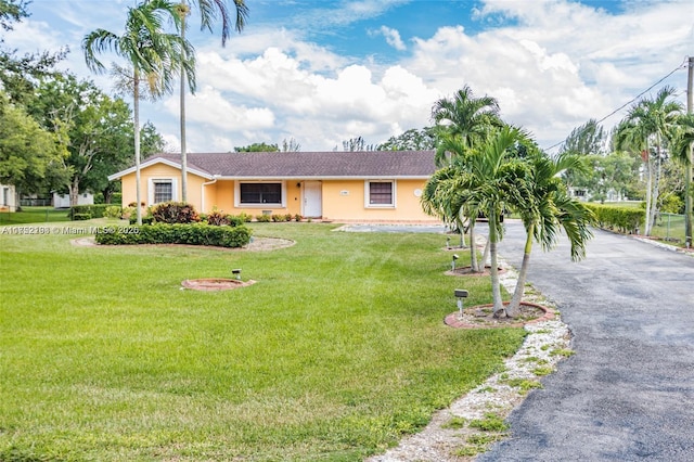 ranch-style home featuring a front lawn, aphalt driveway, and stucco siding