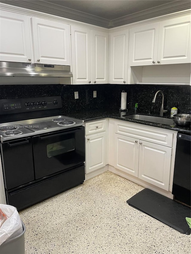 kitchen with under cabinet range hood, a sink, white cabinets, decorative backsplash, and black appliances