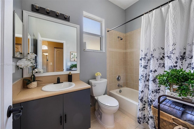 full bathroom featuring vanity, tile patterned flooring, toilet, and shower / bathtub combination with curtain