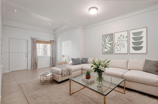 living area featuring light tile patterned flooring, baseboards, and ornamental molding