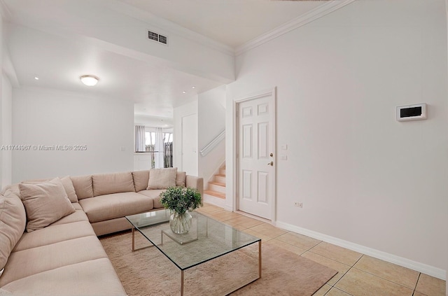 living room featuring baseboards, stairway, crown molding, light tile patterned flooring, and visible vents