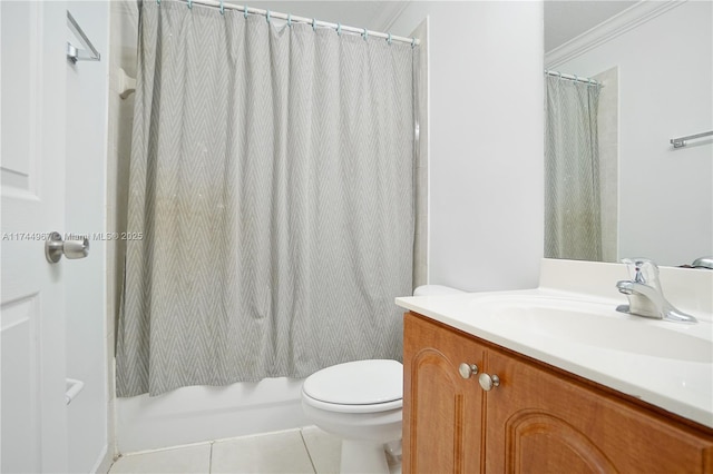 bathroom with toilet, vanity, ornamental molding, tile patterned floors, and shower / bath combo