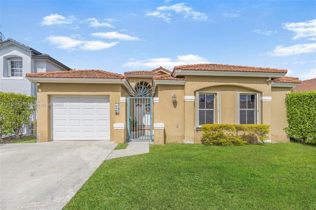 mediterranean / spanish-style house featuring a garage, a front yard, and stucco siding