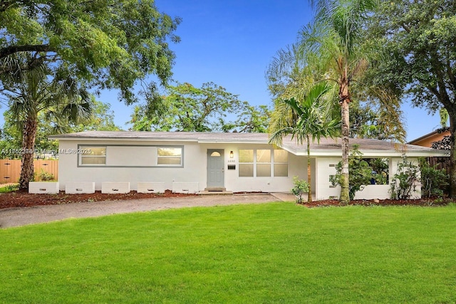 single story home featuring crawl space, fence, a front lawn, and stucco siding