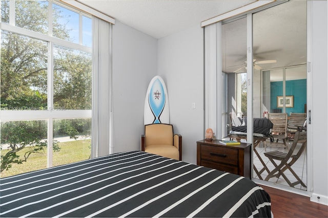 bedroom with expansive windows, dark wood finished floors, and multiple windows