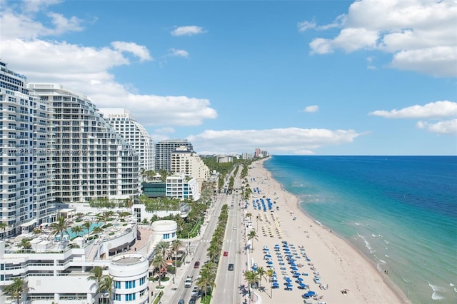 property view of water featuring a city view and a beach view