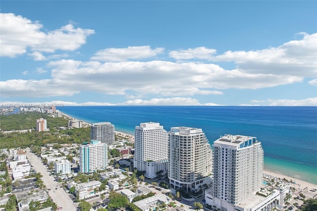 bird's eye view with a view of the beach, a city view, and a water view