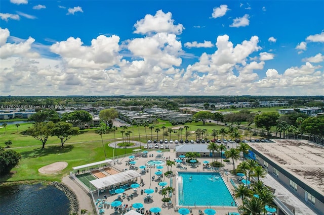 drone / aerial view featuring a water view