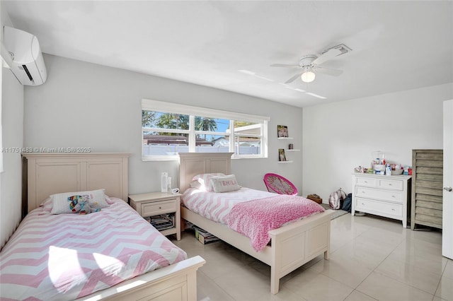 bedroom with ceiling fan and a wall mounted air conditioner