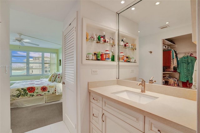 full bath featuring visible vents, a ceiling fan, ensuite bath, vanity, and recessed lighting