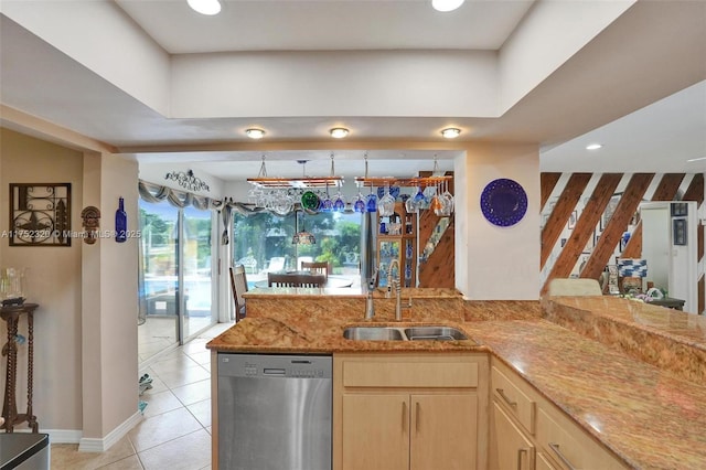 kitchen featuring light tile patterned floors, light brown cabinets, recessed lighting, a sink, and stainless steel dishwasher