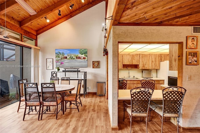 dining room featuring beam ceiling, light wood finished floors, visible vents, wood ceiling, and high vaulted ceiling