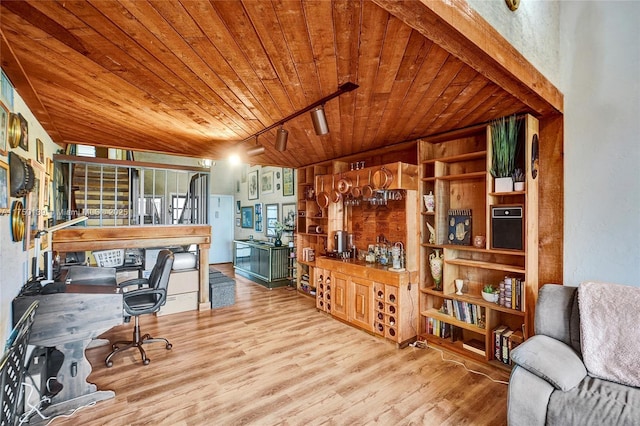 office featuring light wood-type flooring and wooden ceiling