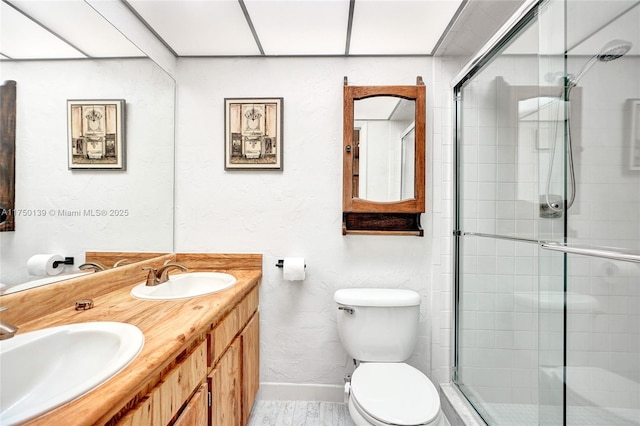 bathroom with a stall shower, a sink, toilet, and double vanity