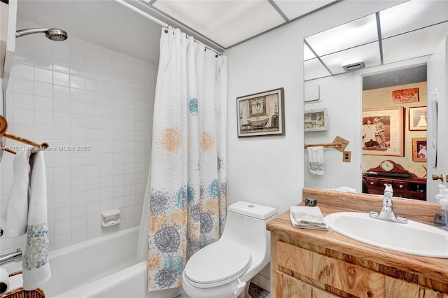 bathroom with toilet, shower / bath combination with curtain, and vanity