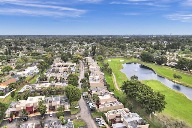 bird's eye view with a water view, a residential view, and golf course view