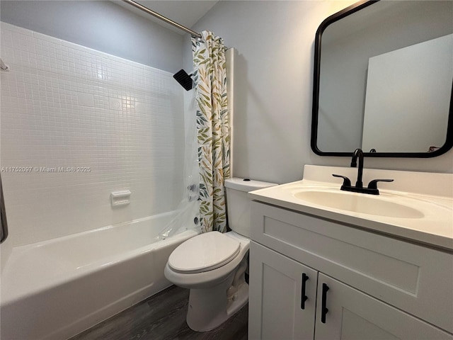 full bathroom with shower / bath combo, vanity, toilet, and wood finished floors