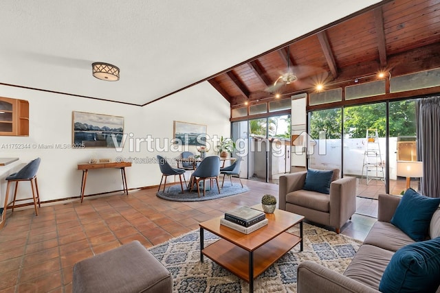 tiled living room featuring wooden ceiling, vaulted ceiling with beams, and baseboards