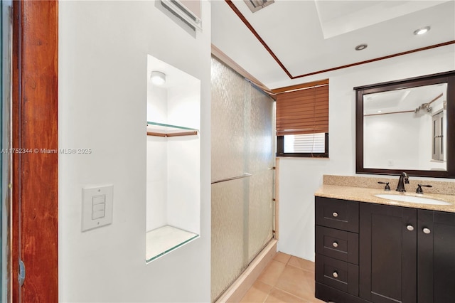 full bathroom featuring recessed lighting, tile patterned flooring, vanity, and a shower stall