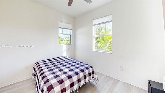 bedroom featuring light wood-type flooring, ceiling fan, and baseboards