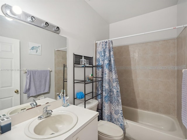 bathroom with toilet, shower / tub combo with curtain, and vanity