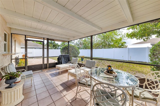 sunroom / solarium with wood ceiling and beam ceiling