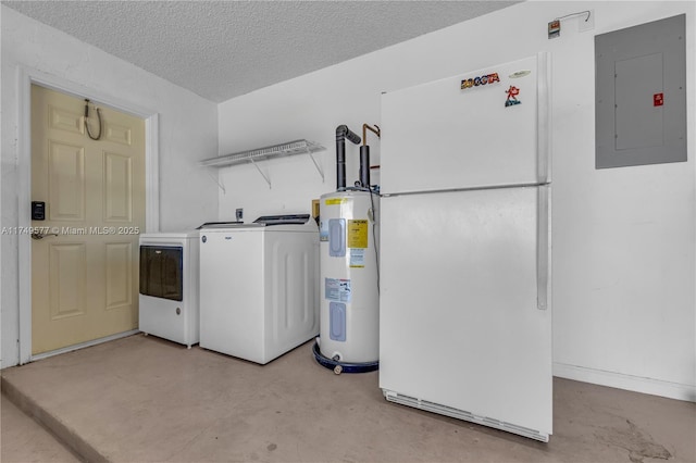 clothes washing area featuring laundry area, electric panel, a textured ceiling, washing machine and dryer, and water heater