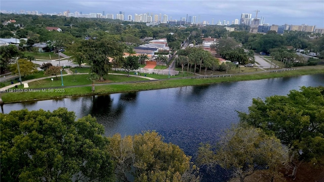 birds eye view of property featuring a water view and a city view