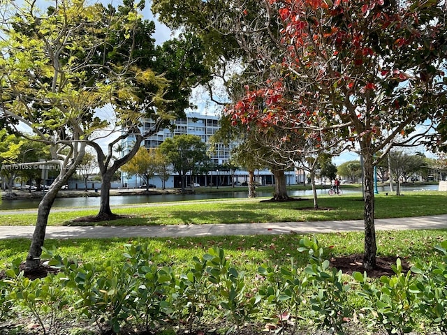 view of community featuring a lawn and a water view