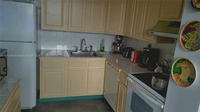 kitchen featuring tile counters, decorative backsplash, a sink, ventilation hood, and white appliances