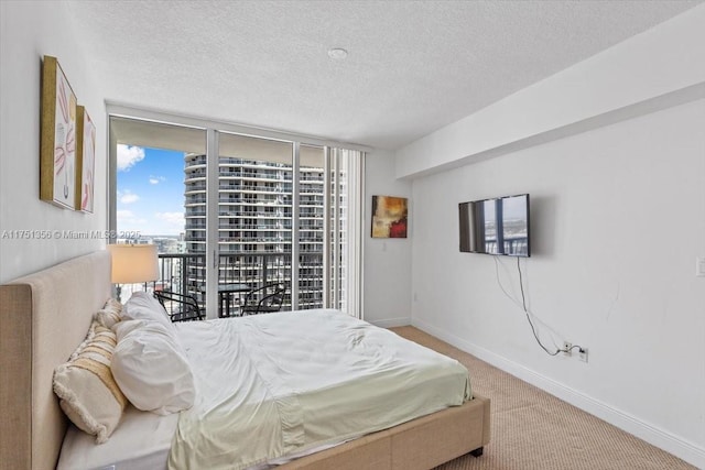 bedroom with access to outside, carpet flooring, a textured ceiling, and baseboards