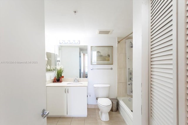 full bath featuring toilet, vanity, visible vents,  shower combination, and a closet