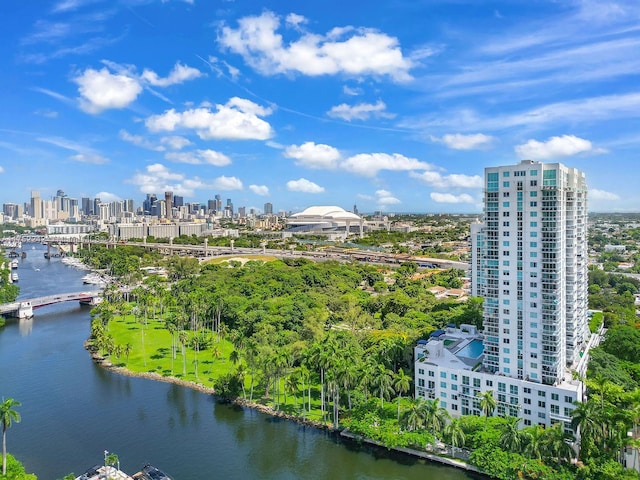 aerial view with a view of city and a water view