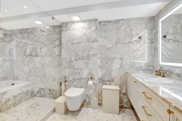 full bath featuring a bathing tub, toilet, vanity, tile walls, and walk in shower