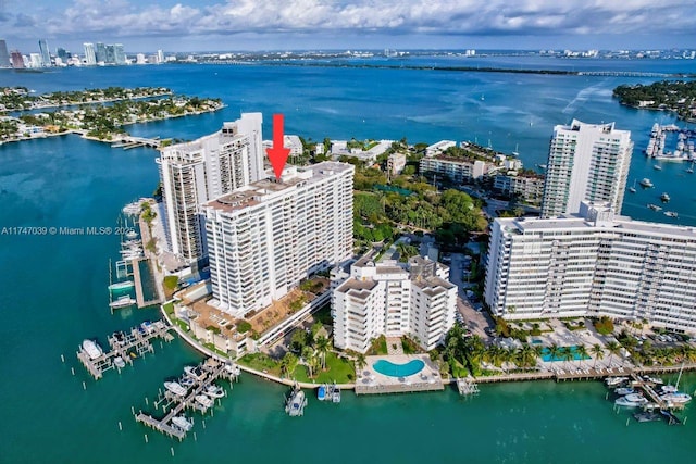 bird's eye view with a water view and a city view