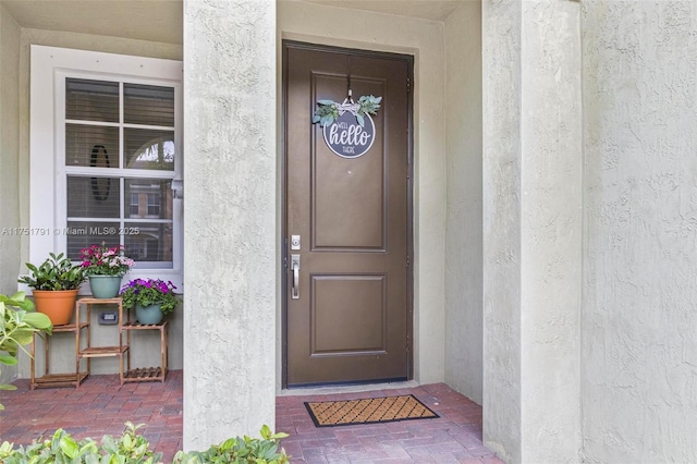 view of exterior entry featuring stucco siding