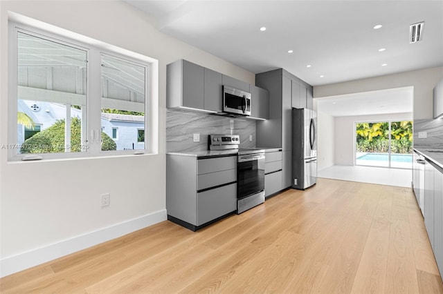 kitchen featuring visible vents, decorative backsplash, gray cabinetry, appliances with stainless steel finishes, and modern cabinets