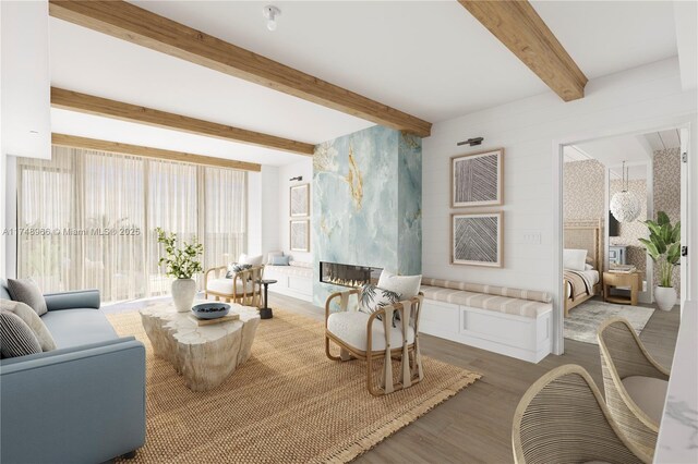 1116 N Ocean Blvd Unit 304, Pompano Beach, FL 33062 - living room with wood finished floors, beamed ceiling, healthy amount of natural light, and a fireplace